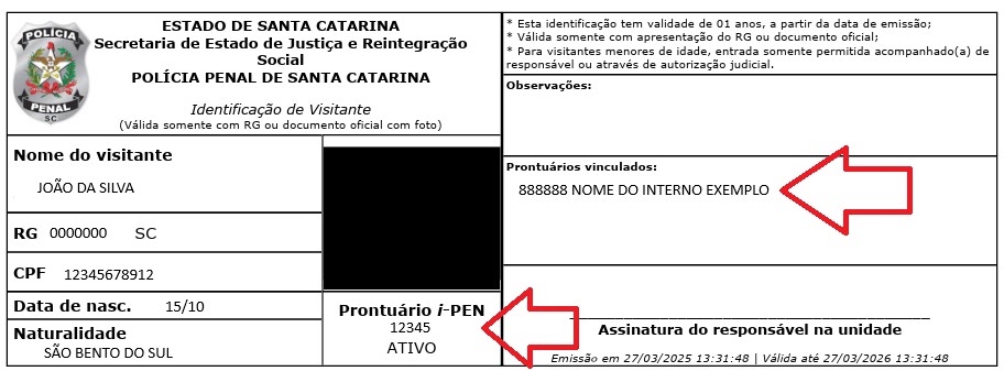 Exemplo de carteirinha de visitante IPEN — Polícia Penal SC